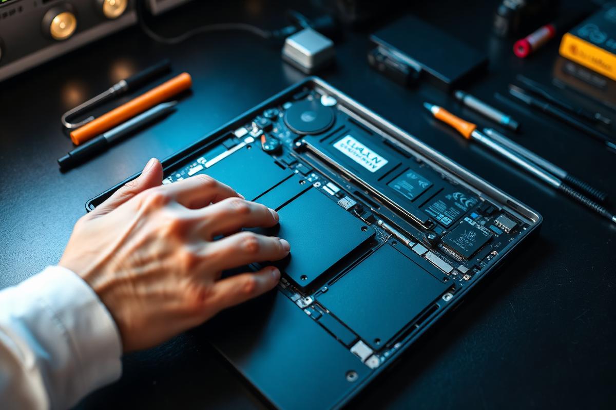Technician replacing serviceable components inside an RewaneBook laptop